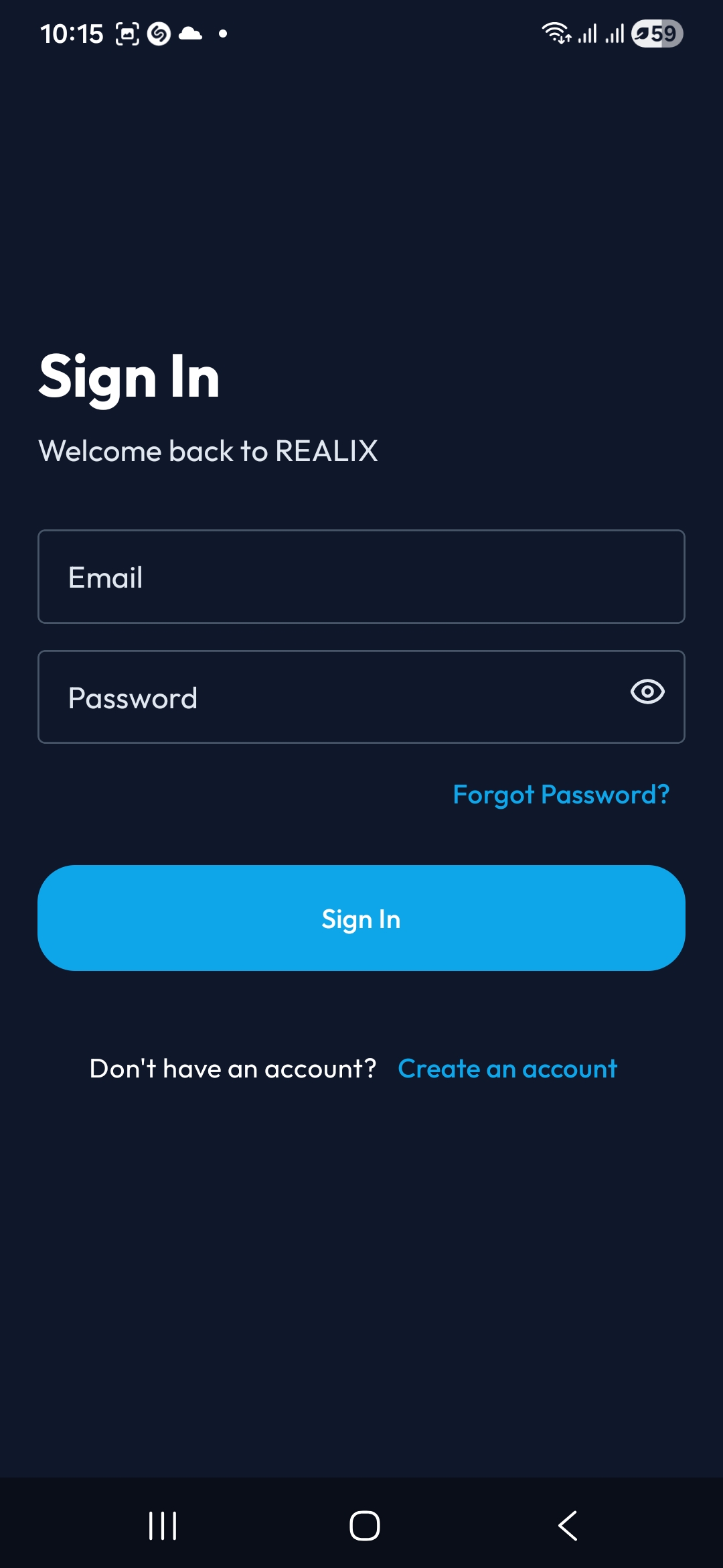 Realix mobile app — property dashboard